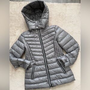 Cole Haan Goose Down Silver Gray Hooded Puffer Jacket